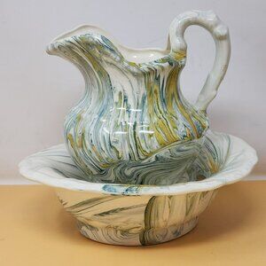 Vintage 1977 Handcrafted Ceramic Pitcher & Basin Set With Swirl Design Farmhouse